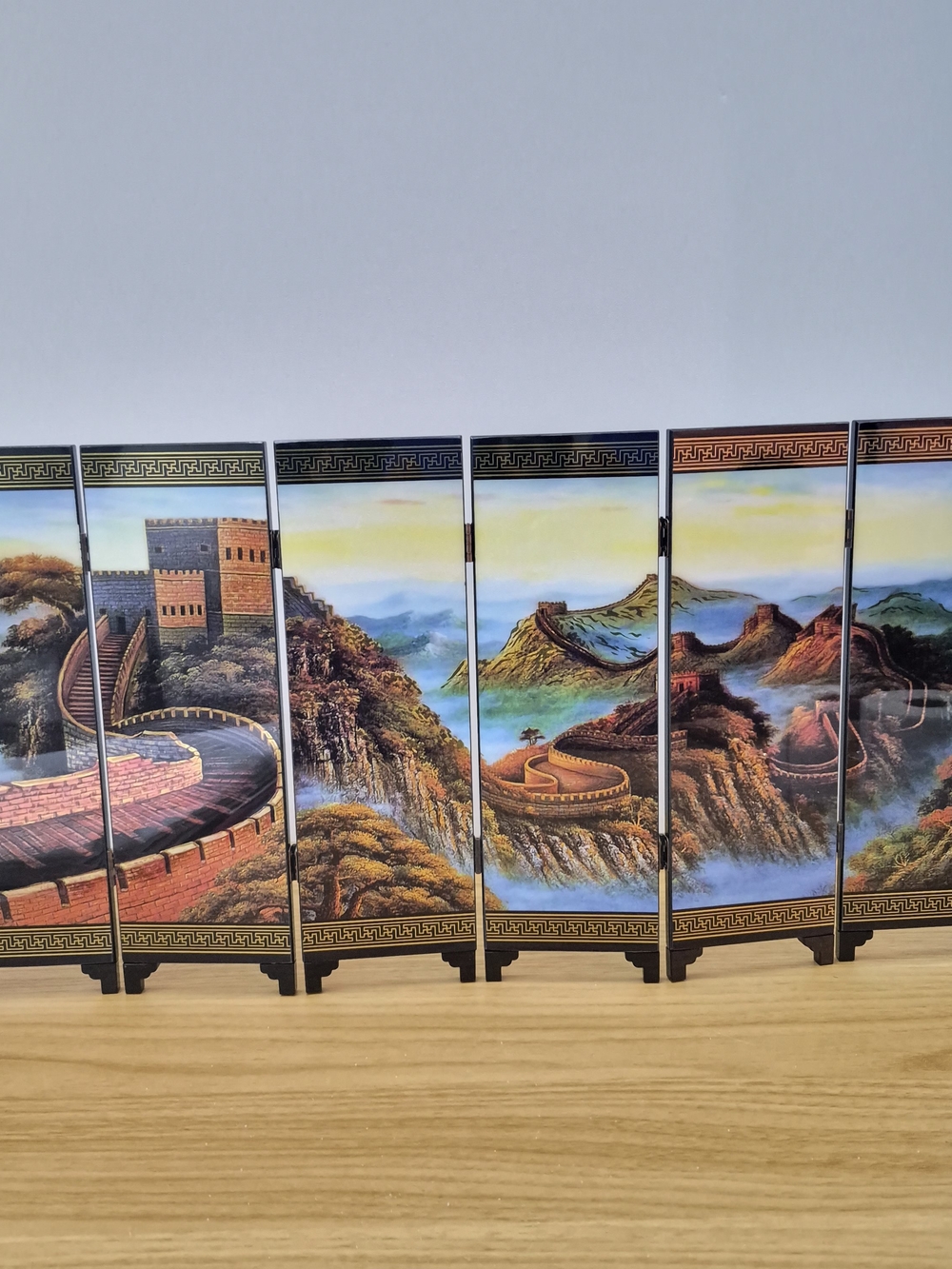 ​Vintage Chinese 6 Panel Miniature Folding Table Screen Great Wall